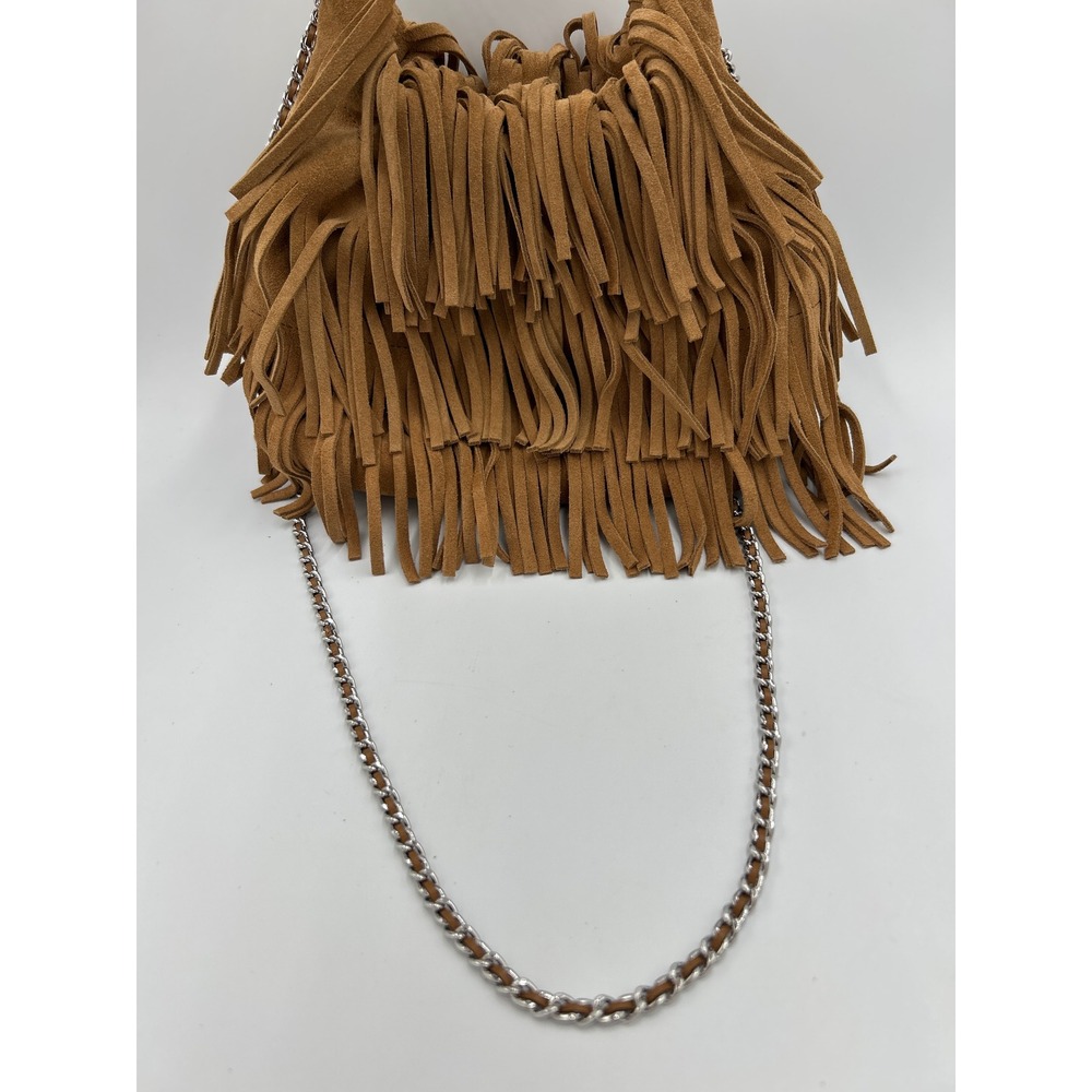 Tory Burch Mini Fleming Suede Fringe Hobo Bag Wild Tobacco Brown Silver Chain